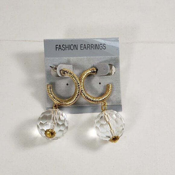 Gold-Tone Textured Hoop Earrings w/ Clear Crystal Drop – Bold Statement Jewelry - Picture 5 of 8